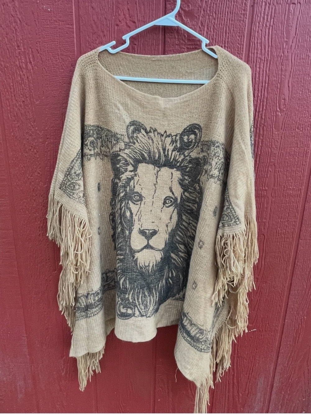 Beige Lion Graphic Fringe Poncho Top Sz one size